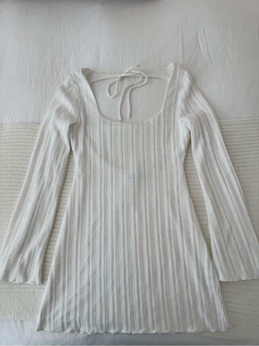 Tiger Mist White Ribbed Tie-Back Long Sleeve Dress